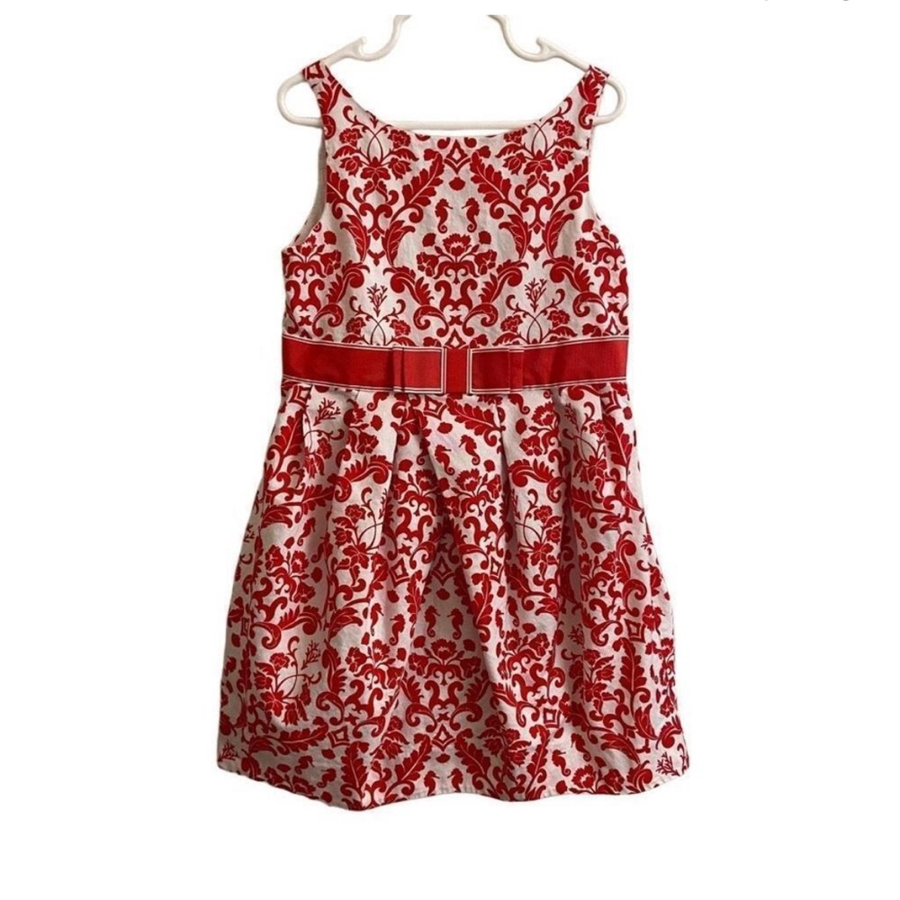 Janie and Jack White Fit & Flare Sleeveless Dress Red Damask Seahorses Size 6